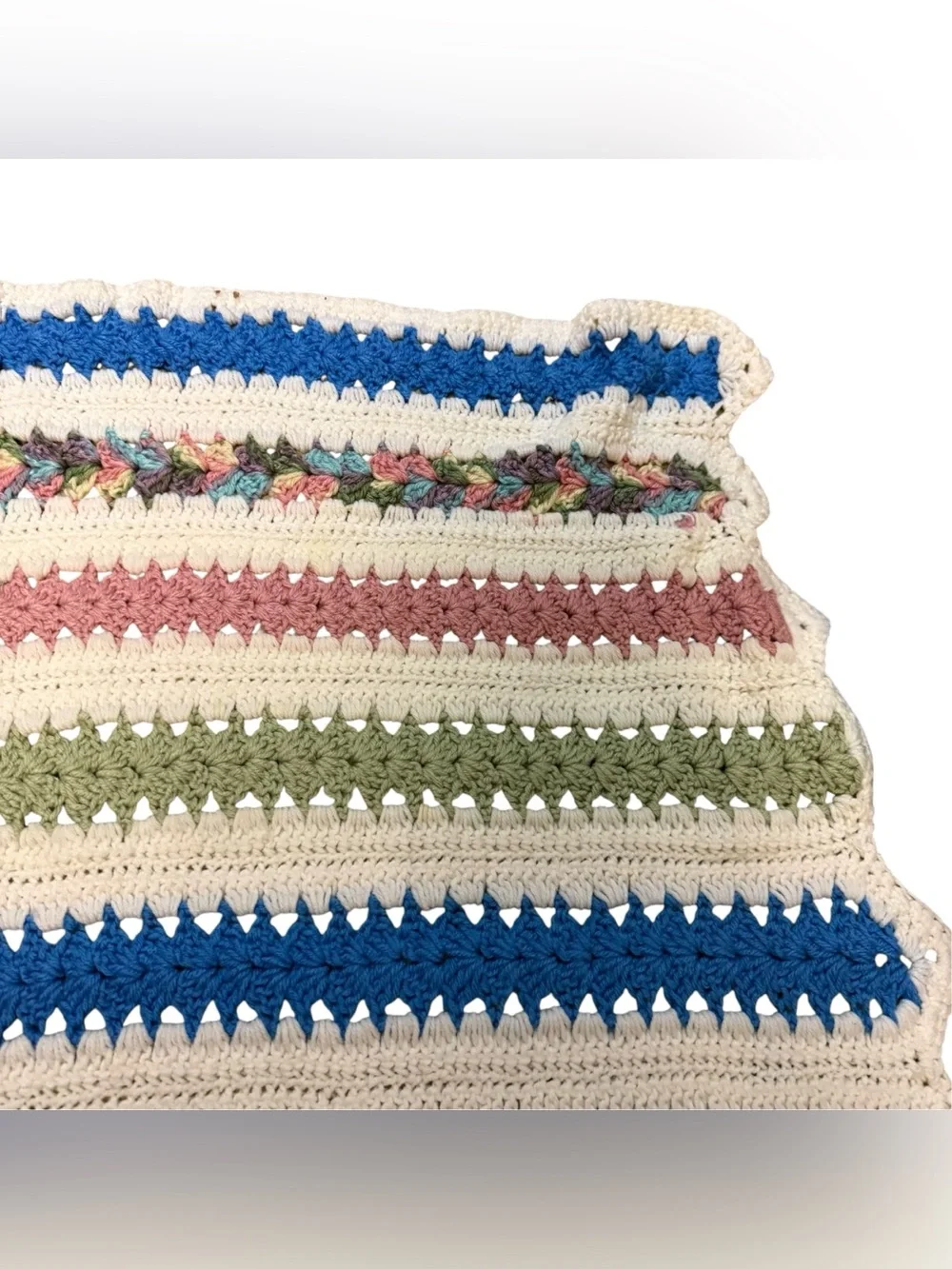 Vintage Crochet Knit Afghan Blanket Handmade Granny Blue Green Pink White 71x55”